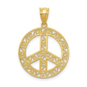 14k Yellow Gold Filigree Peace Sign Pendant, 19mm (3/4 inch)
